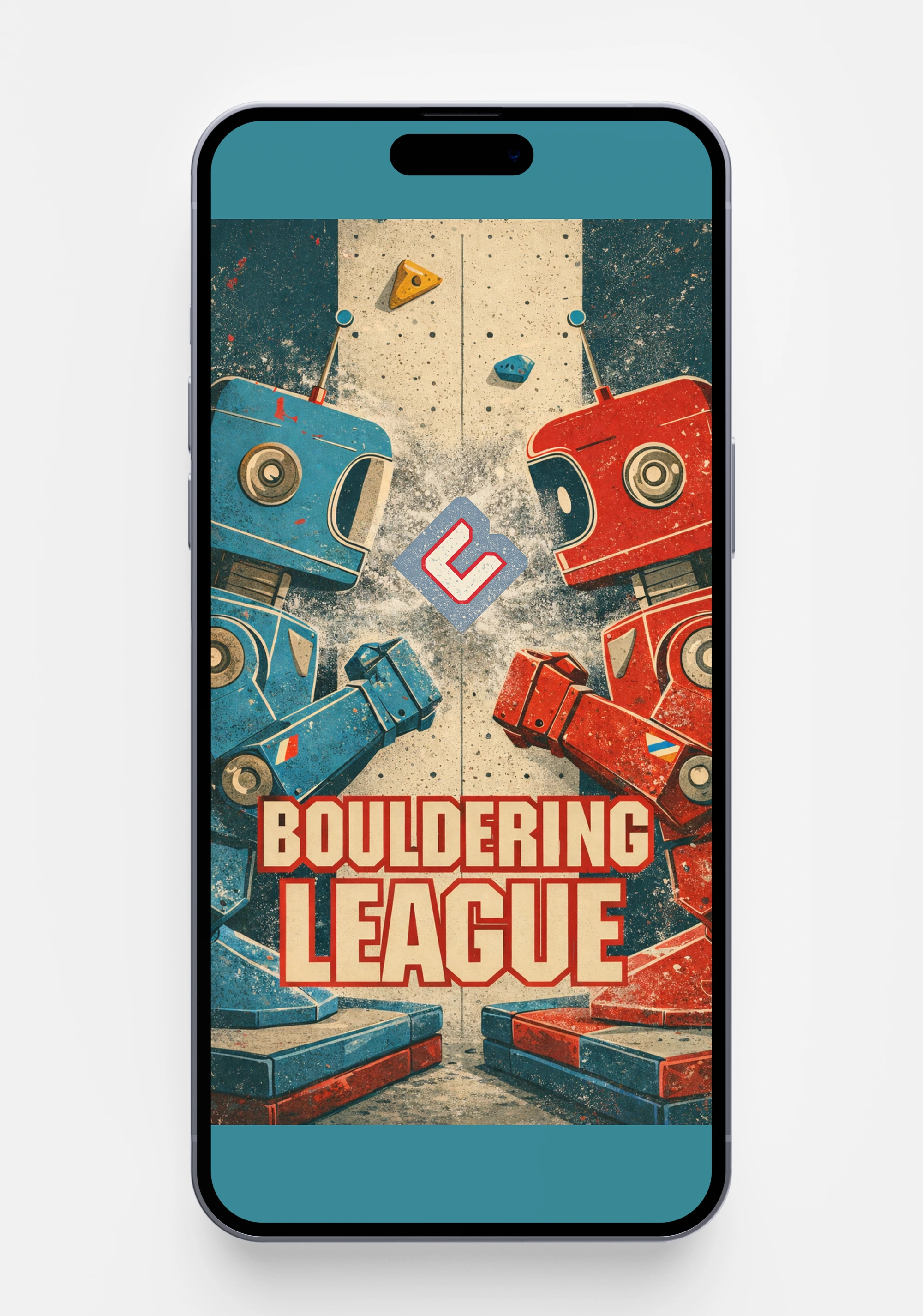 Original March 3 phone presentation with raised robot fists, climbing holds, chalk texture and a lower title.