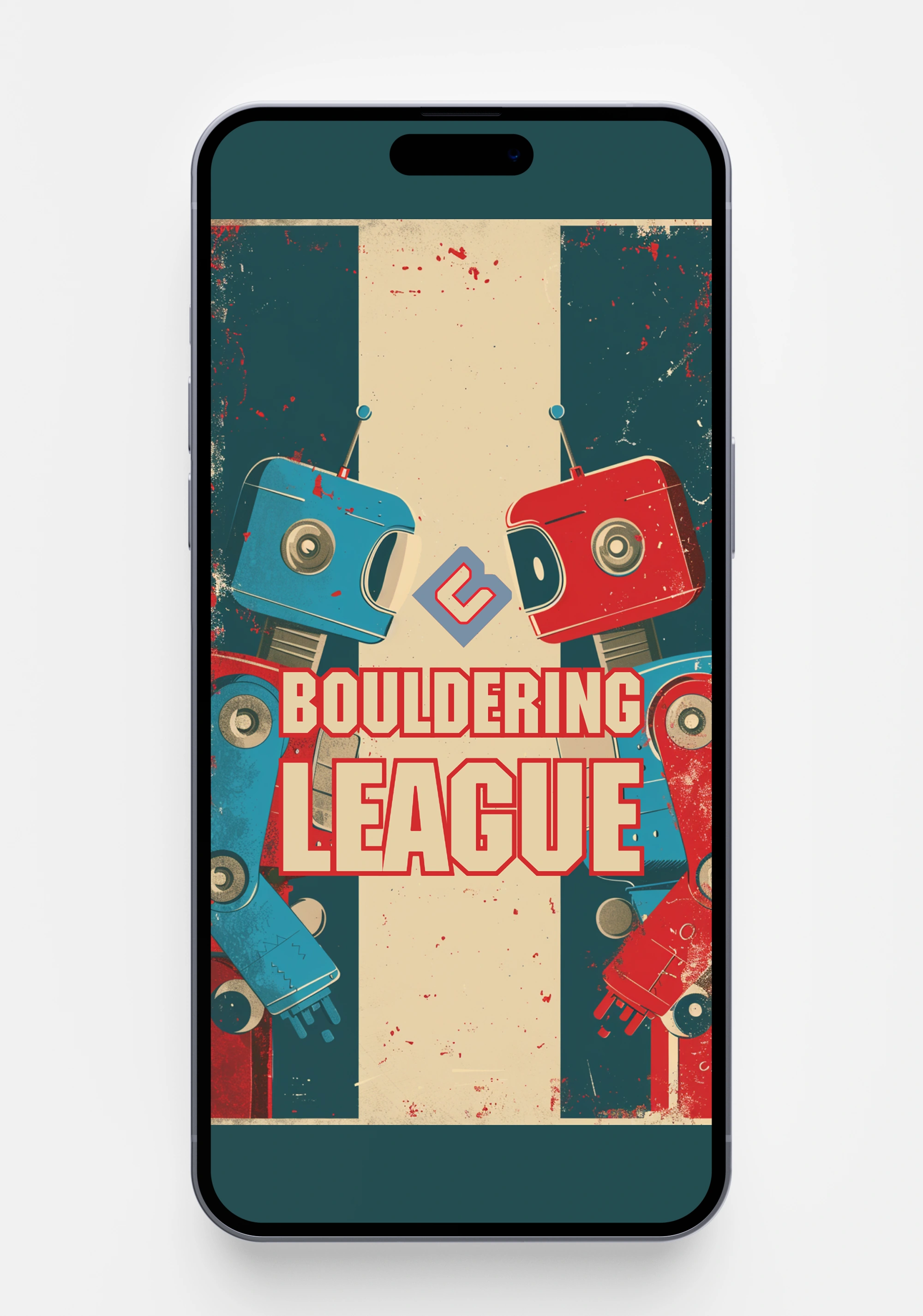 Original March 2 phone presentation with standing robots, an empty cream center stripe and a large central Bouldering League title.