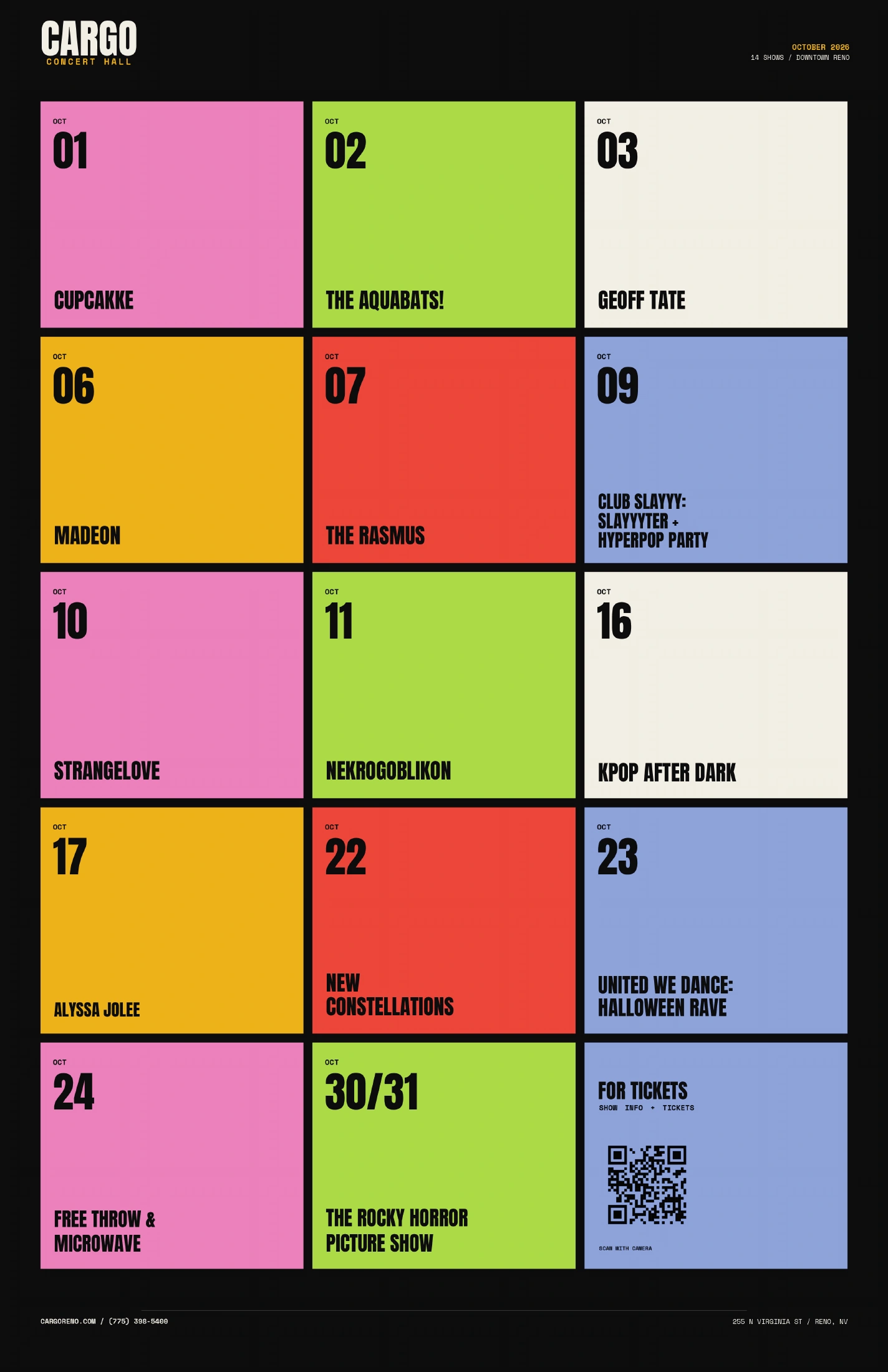 Complete October 2026 Cargo concert calendar with colorful date blocks.