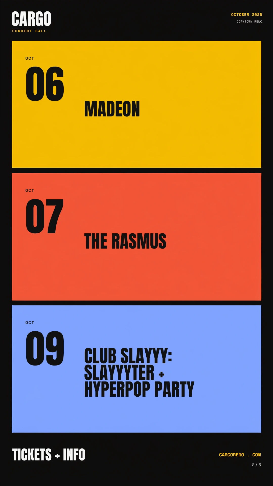 Portrait calendar artwork for the same October 6, 7 and 9 shows.