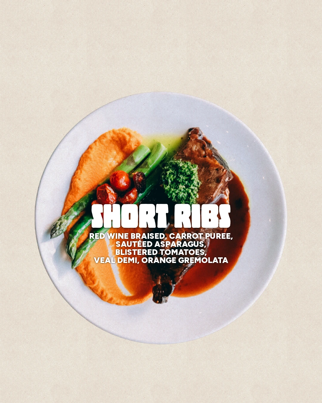 Short ribs dish card with food photographed from above and the dish name in white.