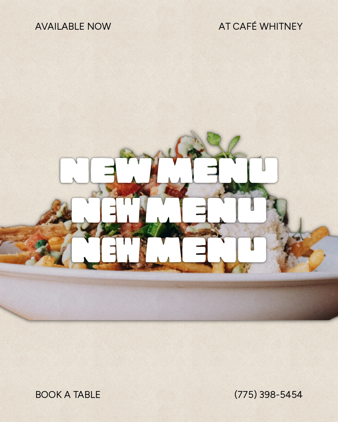 New menu cover with repeated white title over a plate of fries.