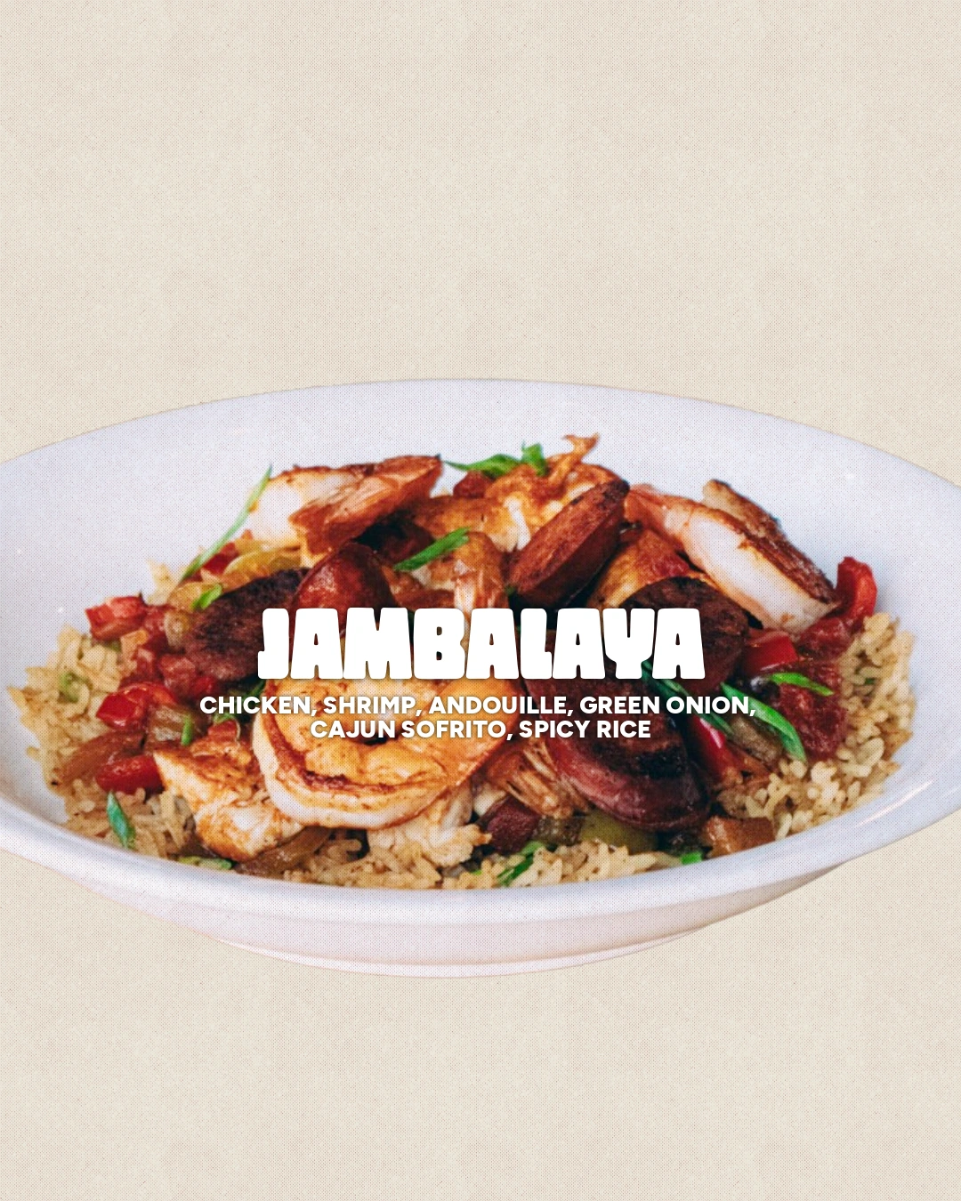 Jambalaya dish card with a close view of the food and white dish-name lettering.