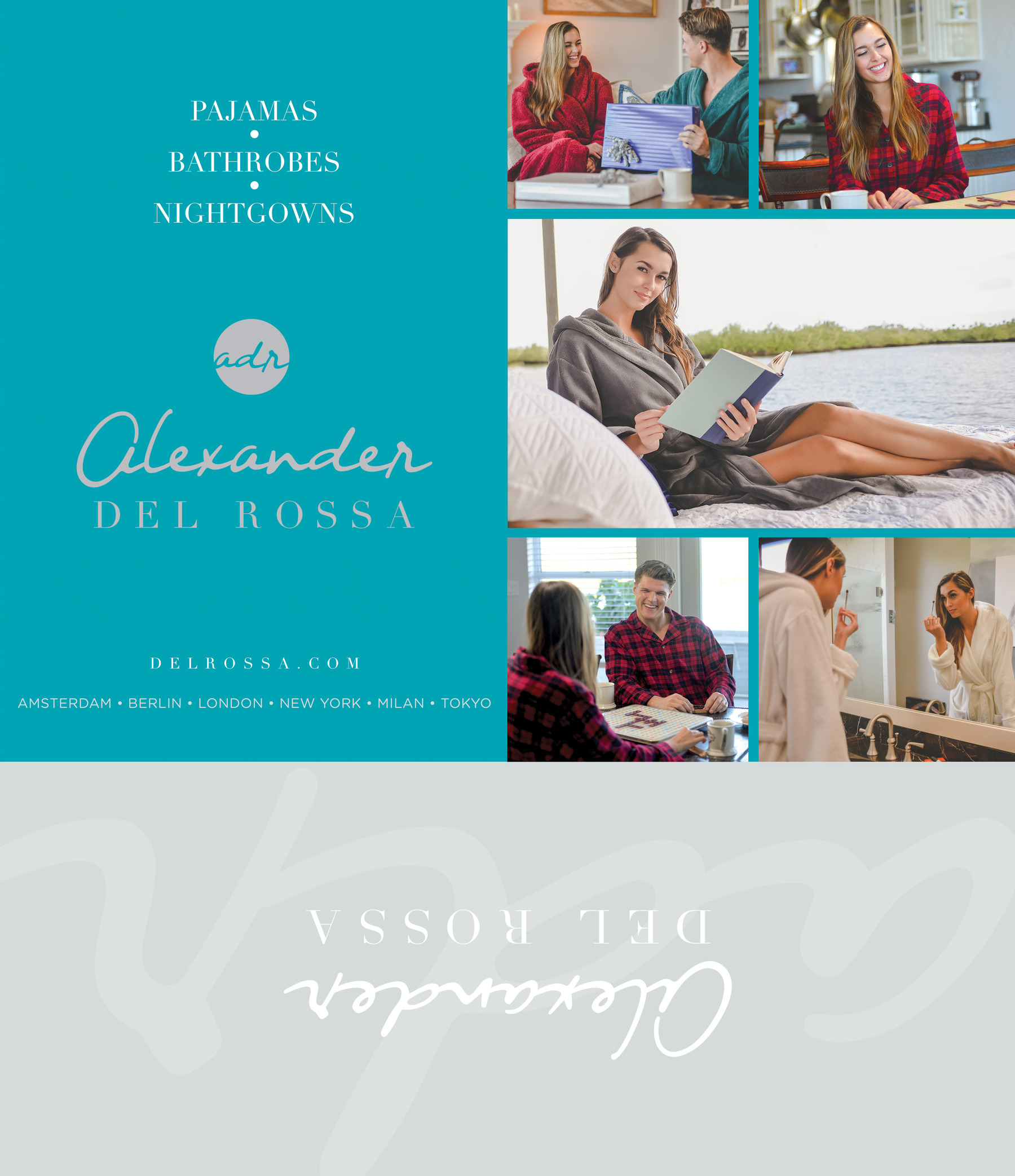 Alexander Del Rossa packaging insert with teal and gray branding