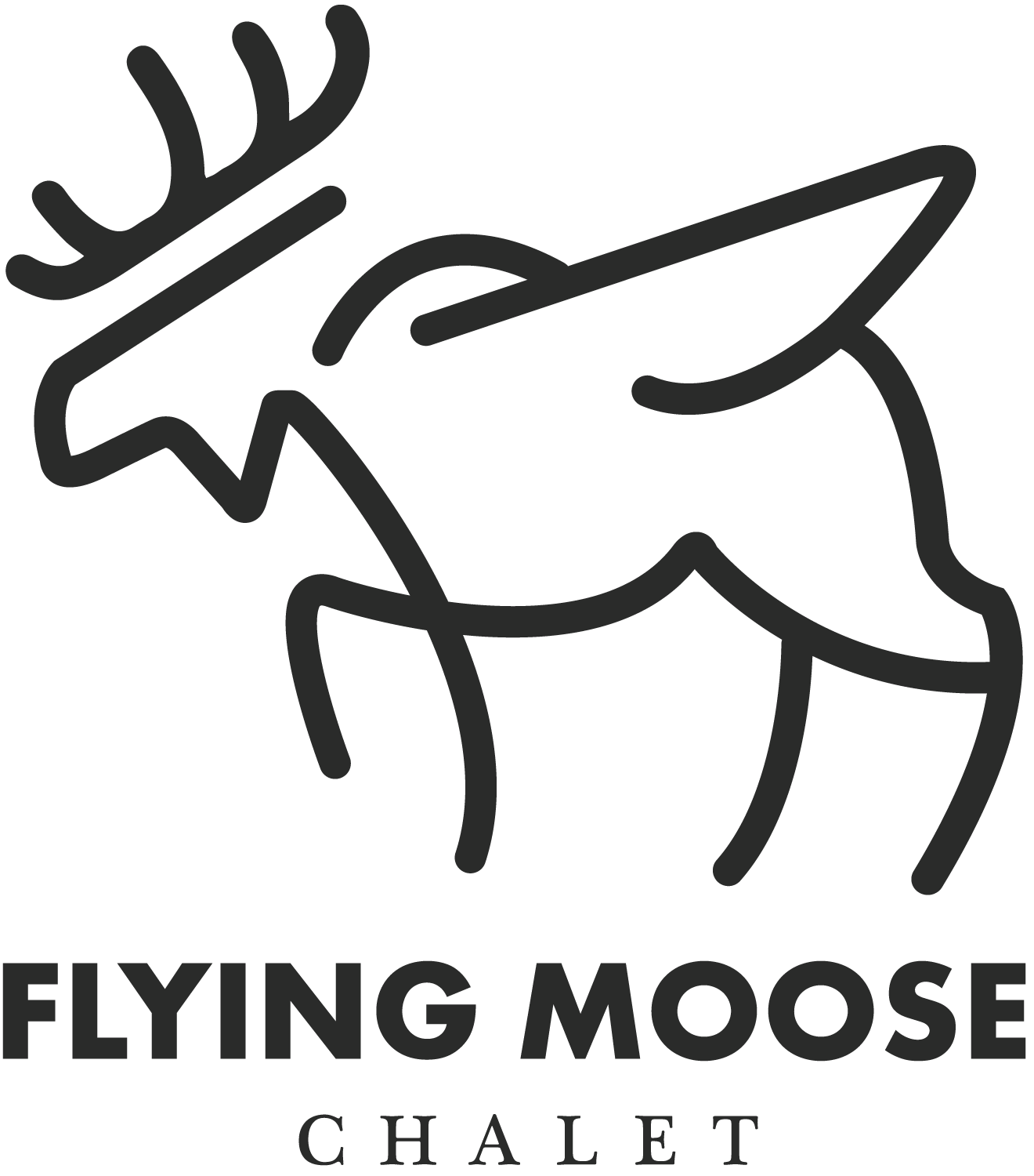 Flying Moose Chalet vertical logo with a line-drawn winged moose.