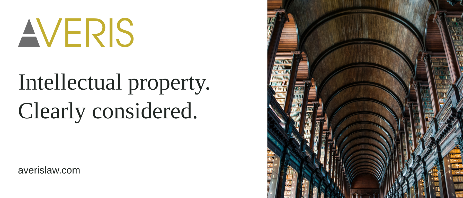 Averis display concept with dark serif copy beside a library photograph.