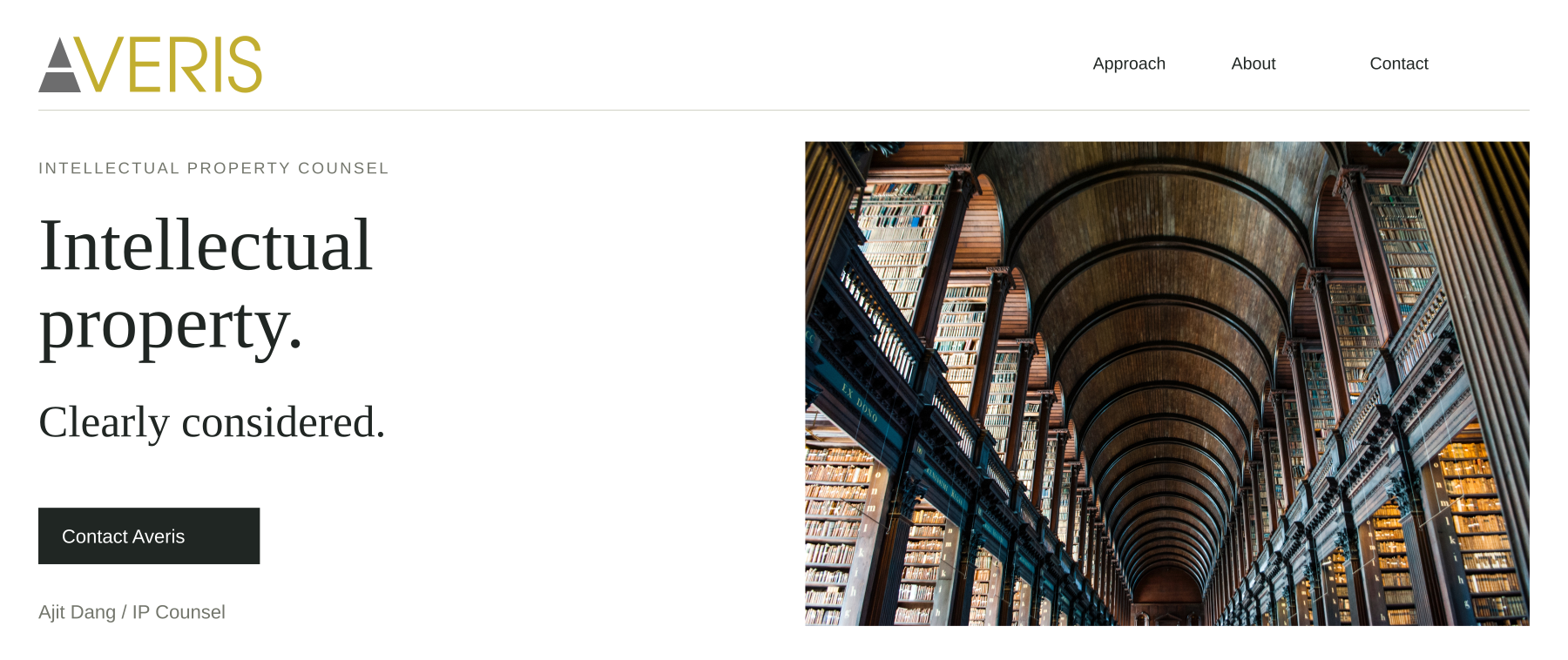 Averis homepage concept with the gold-and-gray wordmark, a serif intellectual-property headline and a library photograph.