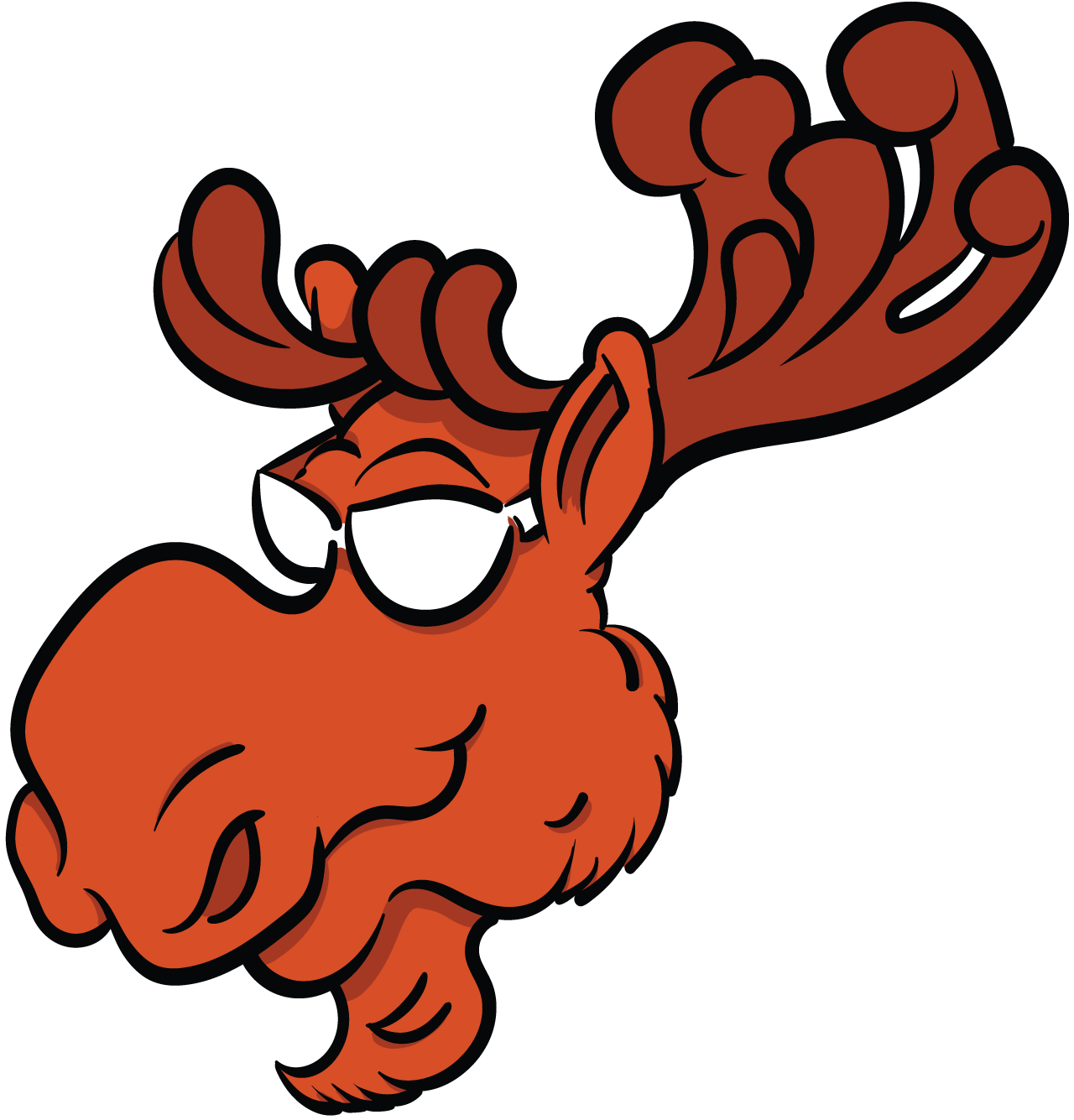 Expressive illustrated moose head with an orange face, brown antlers and half-closed eyes.
