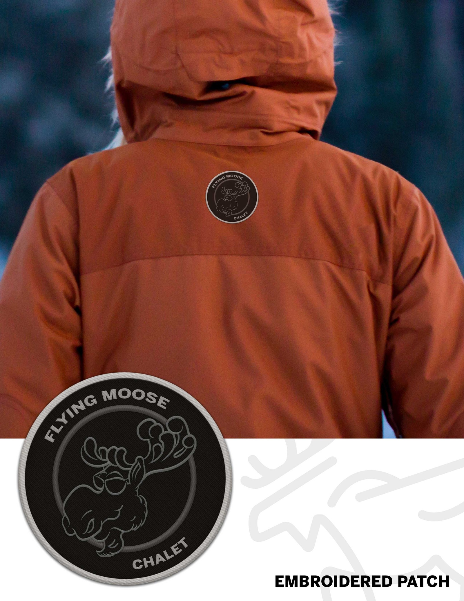 Original photographic concept showing a circular moose-head patch on an orange jacket.