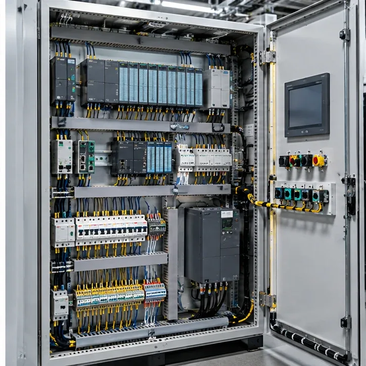 Illustrative PLC automation control cabinet with DIN-rail modules and wiring