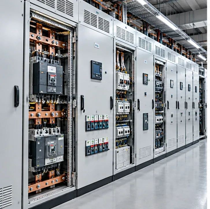 Illustrative low-voltage distribution switchboard with breakers and busbars