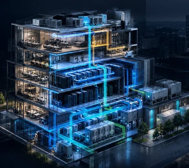 Cutaway of a building showing its power, air, water and control systems