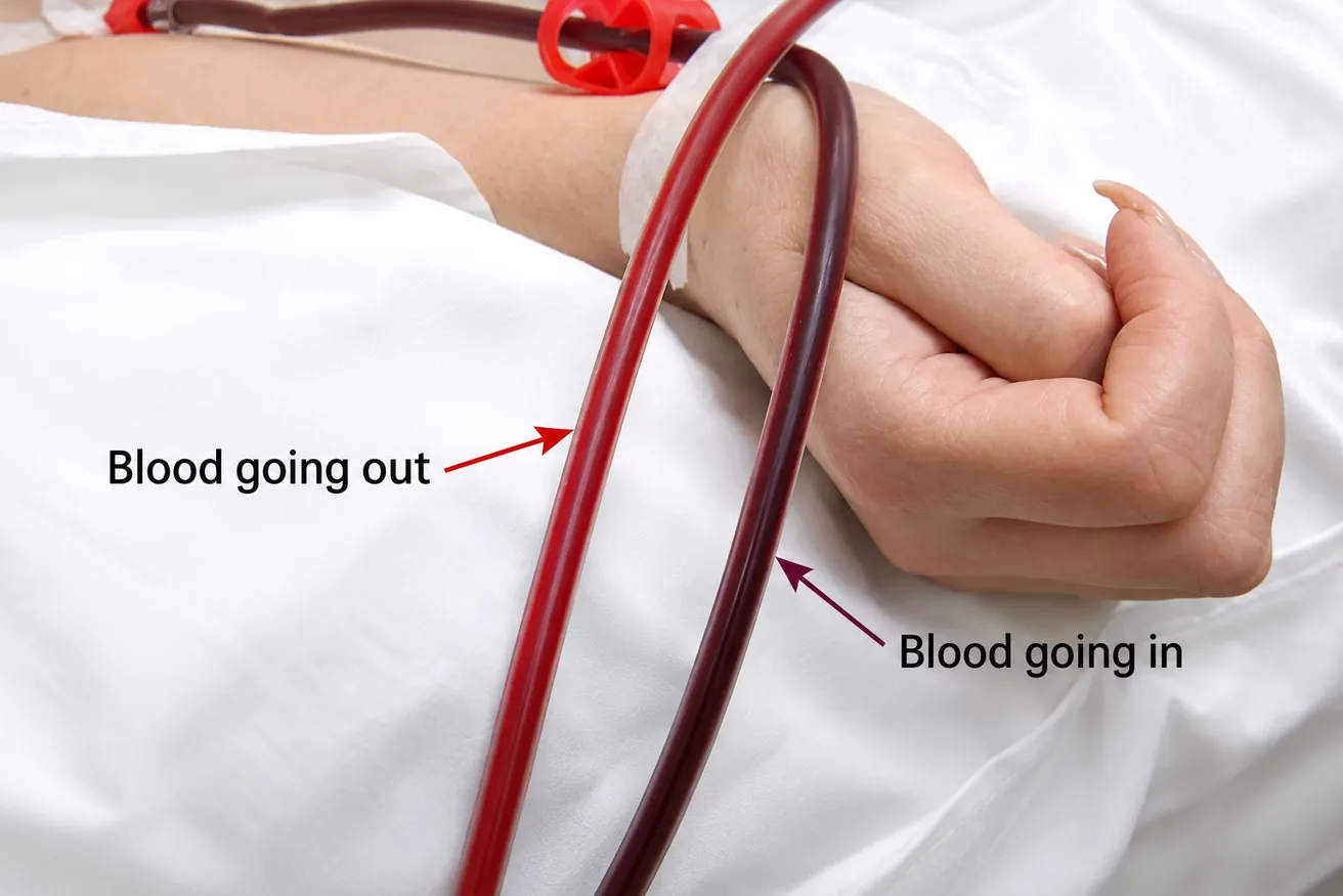 Arm with two blood lines, labelled blood going out and blood going in