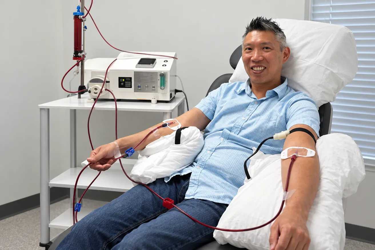 Man in a recliner during an EBOO session with lines in both arms