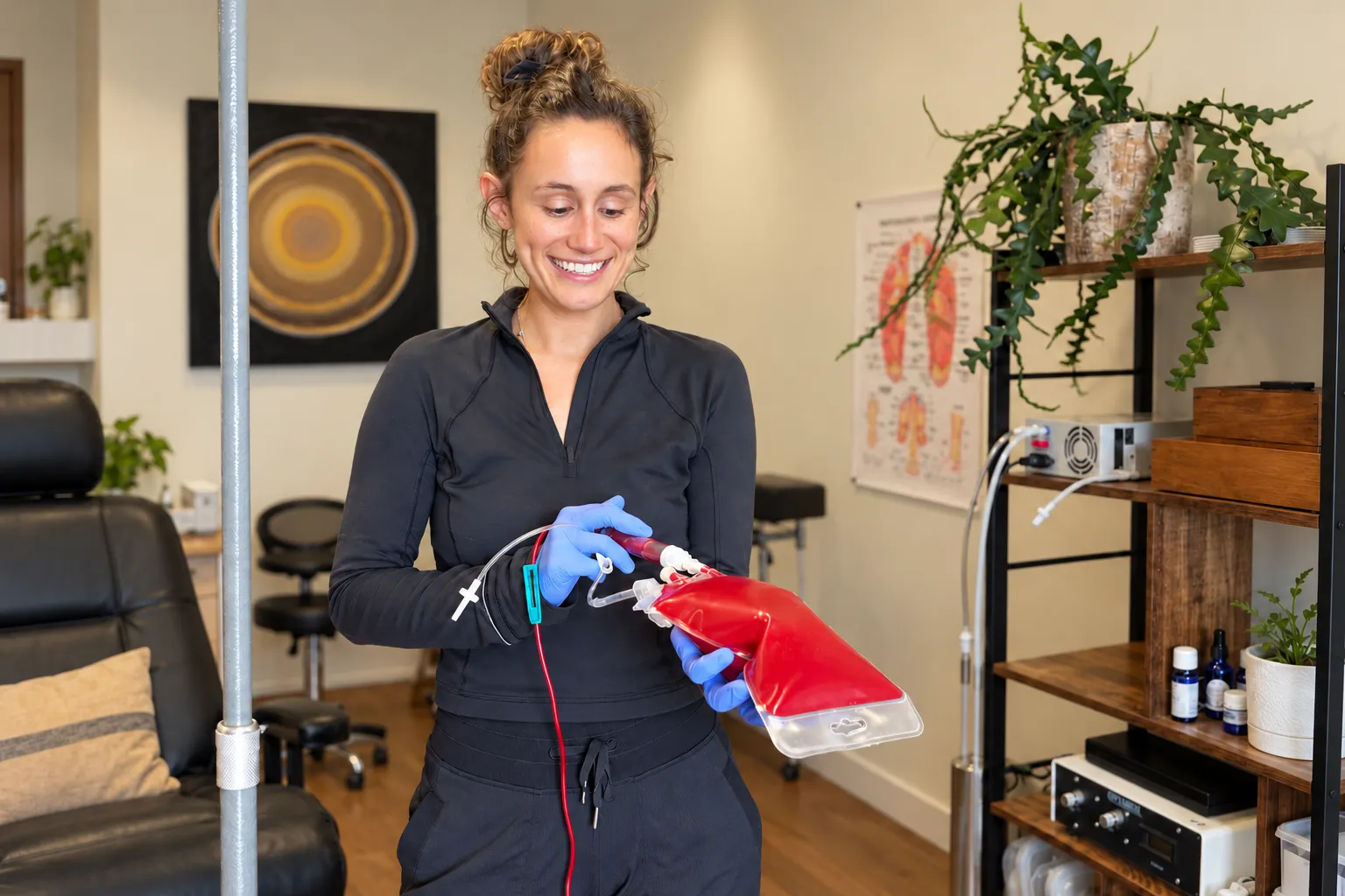 Provider preparing an IV ozone session in a clinic