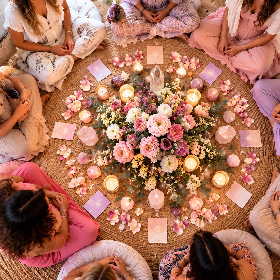 Women seated in a circle around a floor altar of pink flowers, candles, rose quartz and oracle cards
