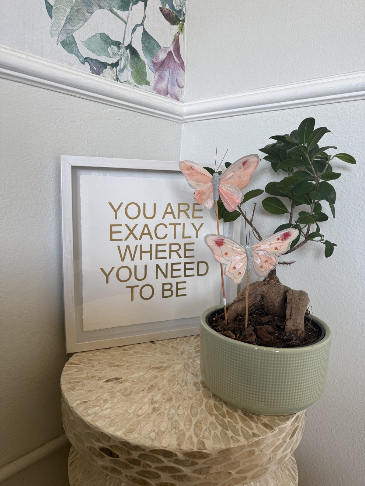 A framed print reading "You are exactly where you need to be" beside a potted bonsai with pink butterflies at The Monarch Soul studio