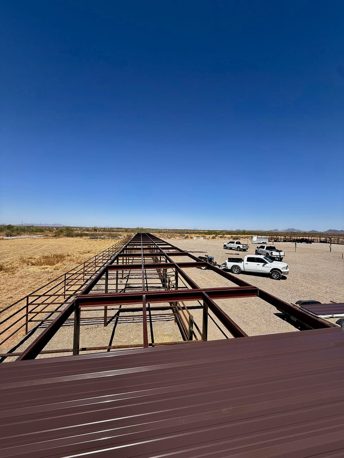 Steel frame of a long ranch structure going up
