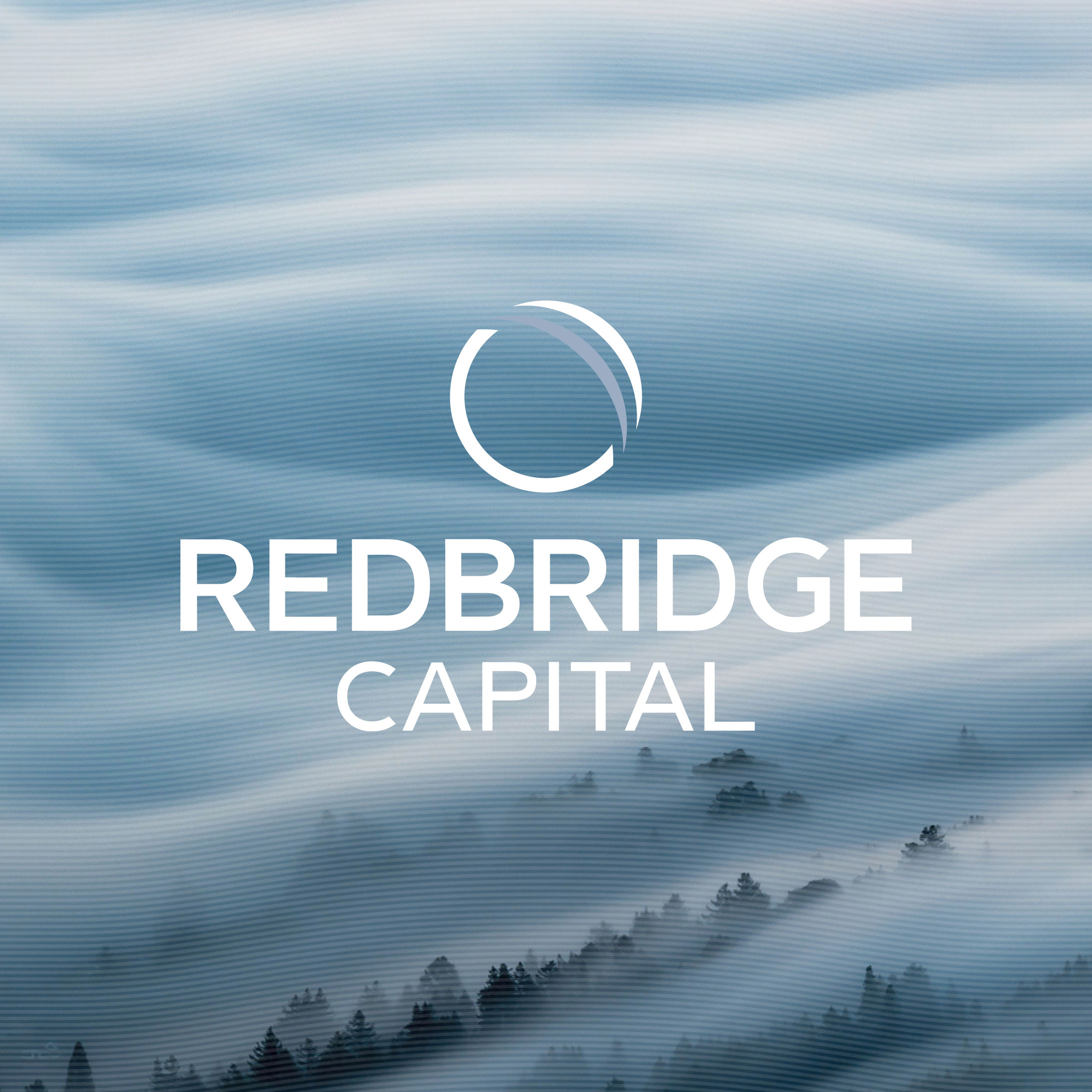 Redbridge Capital logo and image over brand graphic and image of rolling hills with low cloud