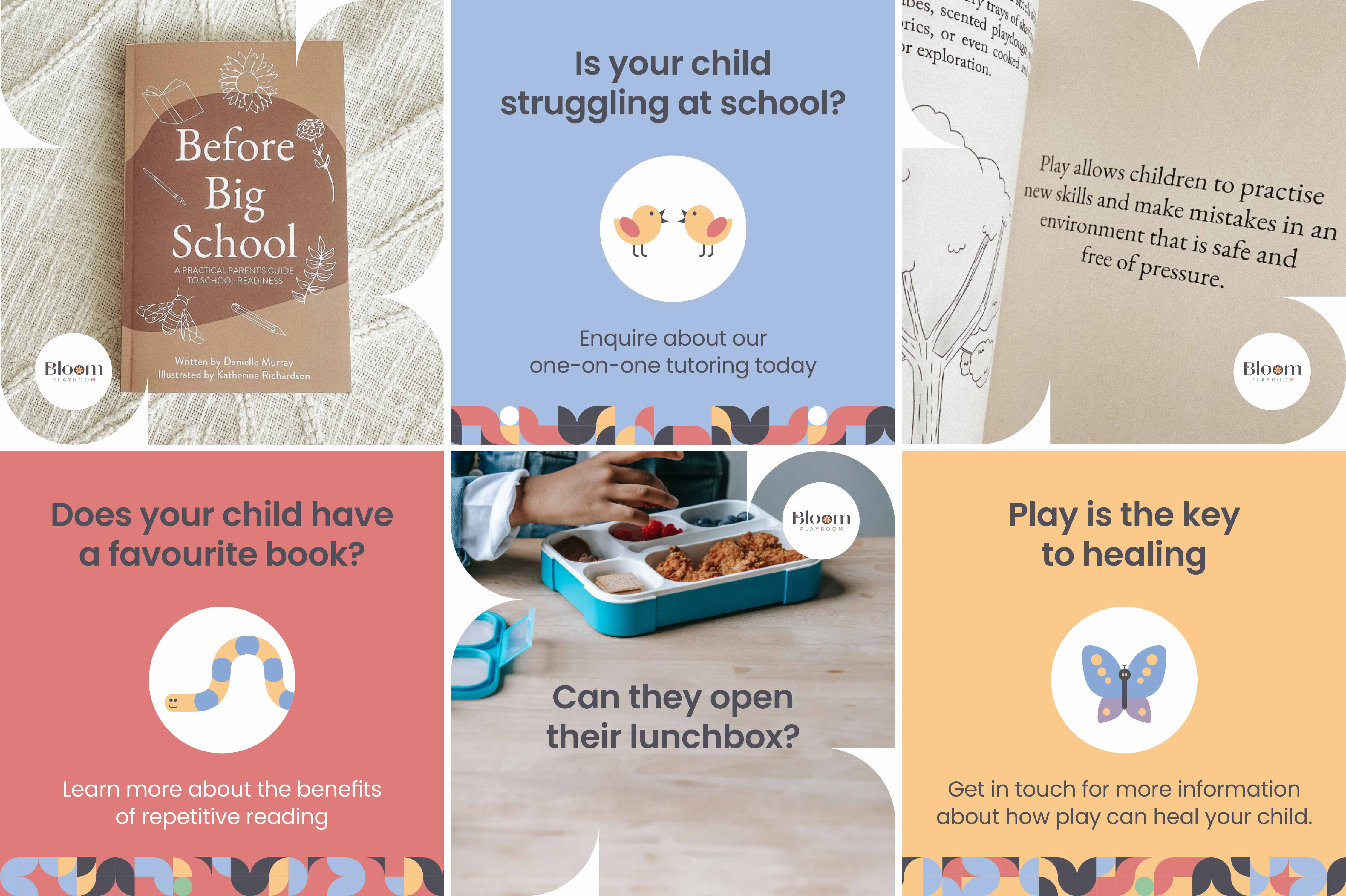 BrandOps Creative-designed social media posts for Bloom Playroom, featuring eight different social tiles that are bright, playful and colourful.