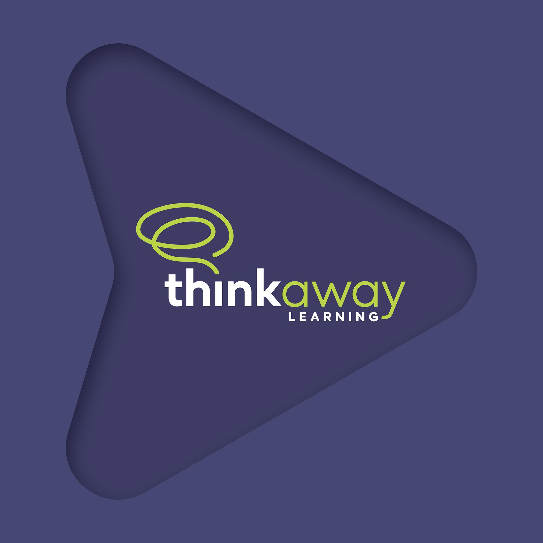 Thinkaway logo on brand shape, purple on purple with white and green logo