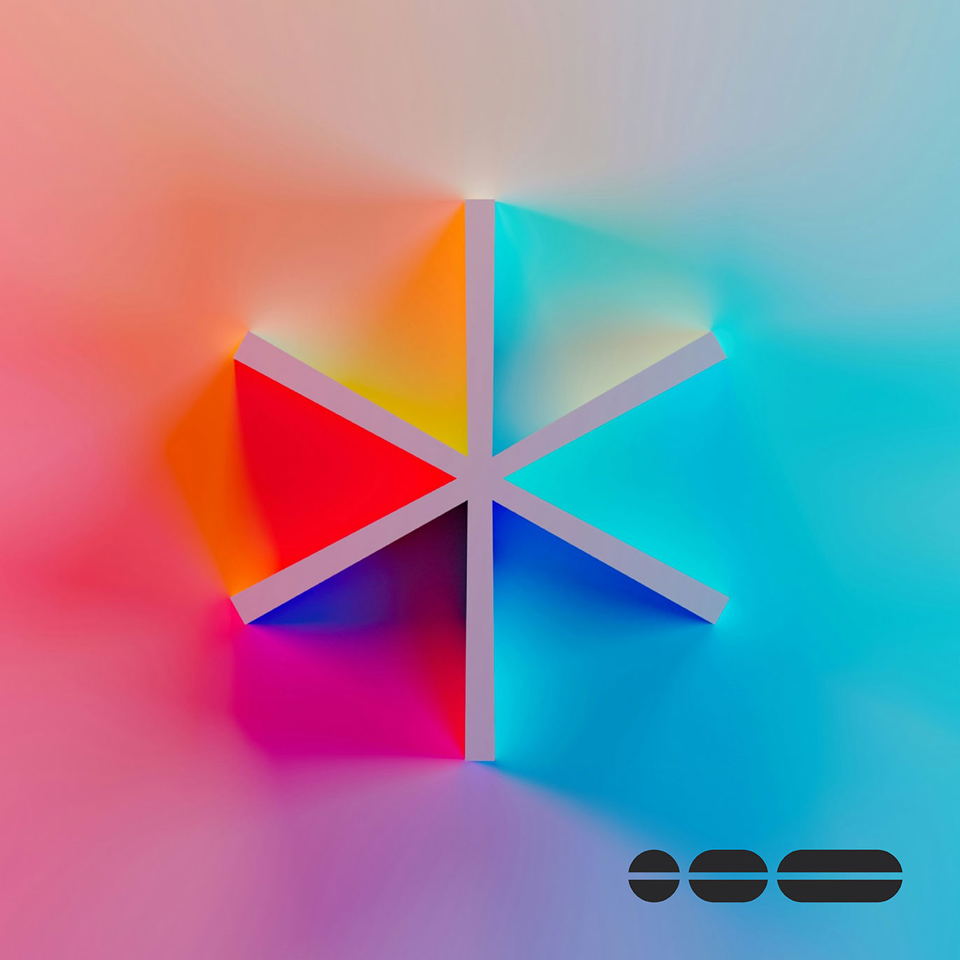 Colourful background with BrandOps icon in bottom right corner, and 6 sided skinny star in the centre.