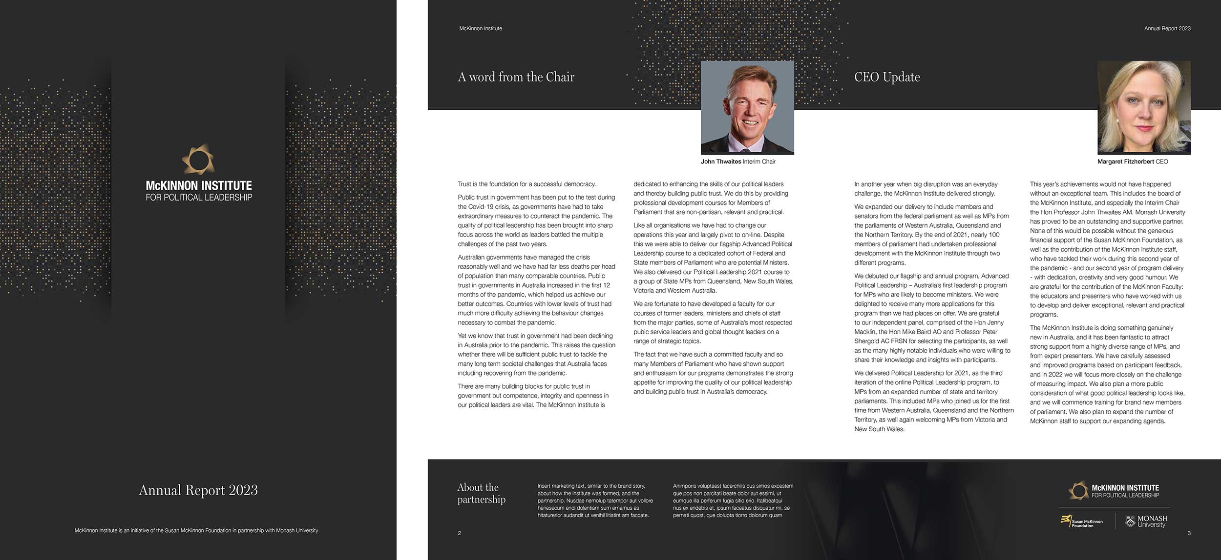 Brandops Creative Designs of McKinnon Institute publication layouts. Cover on left, and two inner pages on right.