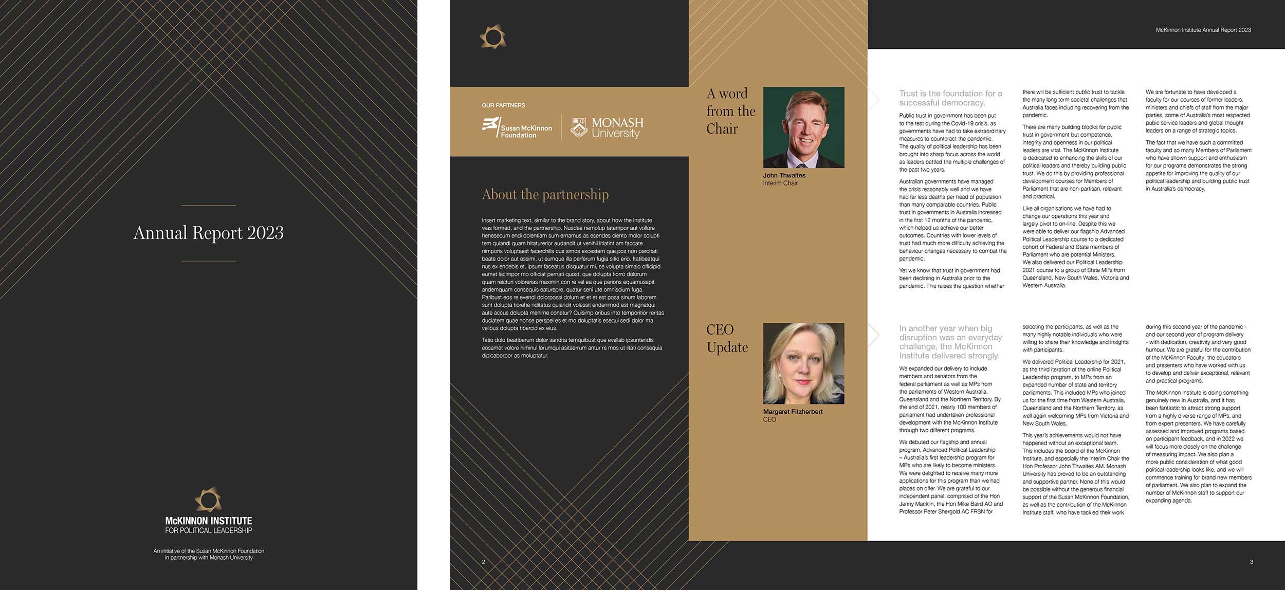 Brandops Creative Designs of McKinnon Institute publication layouts. Cover on left, and two inner pages on right.