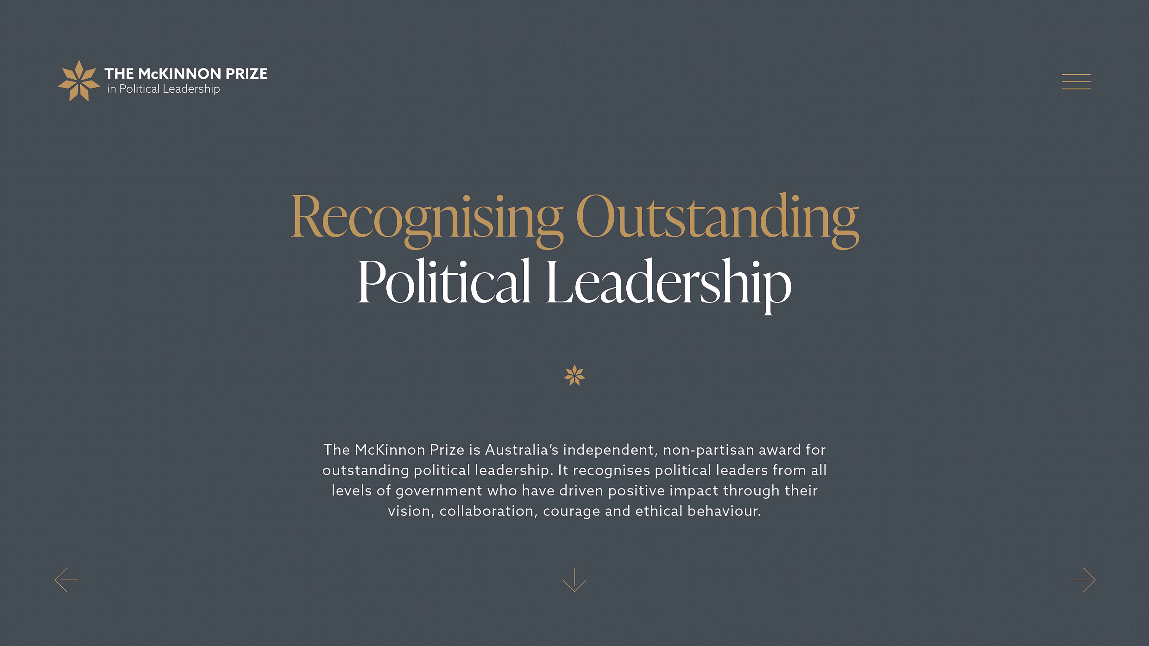 Website design for homepage of McKinnon Prize Website. 