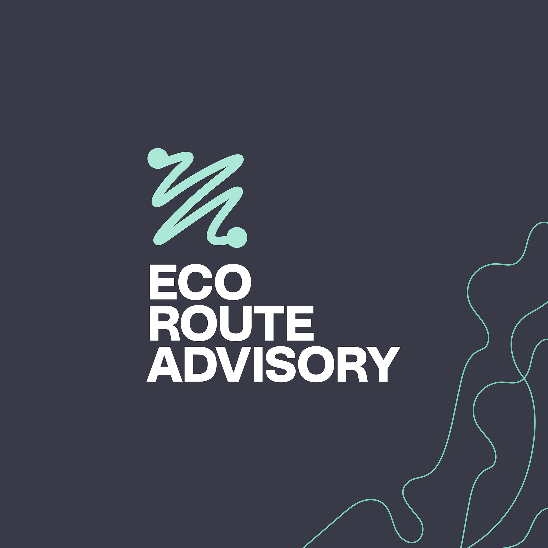 Navy background with mint green and white Eco Route Advisory logo. Thin green squiggles are in the bottom right corner, symbolising the 'routes'.