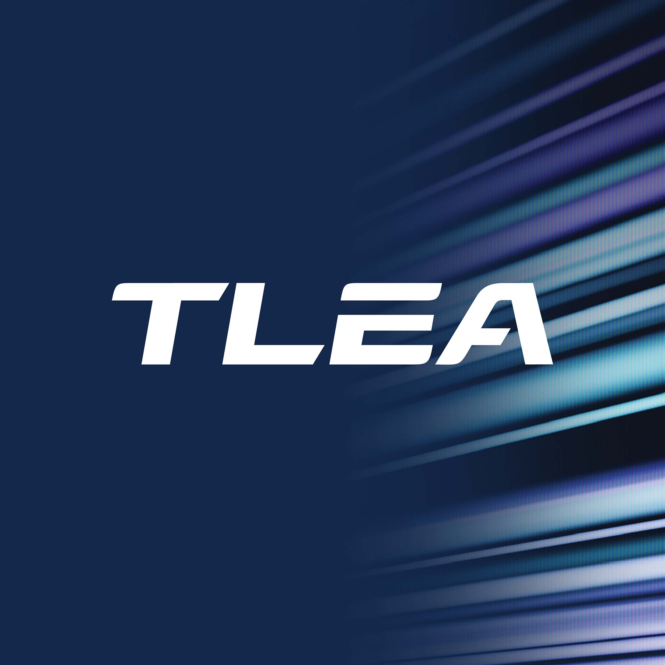 TLEA logo in white on centre of brand image, being a deep purple colour with lined image of differing blue/purple colours.