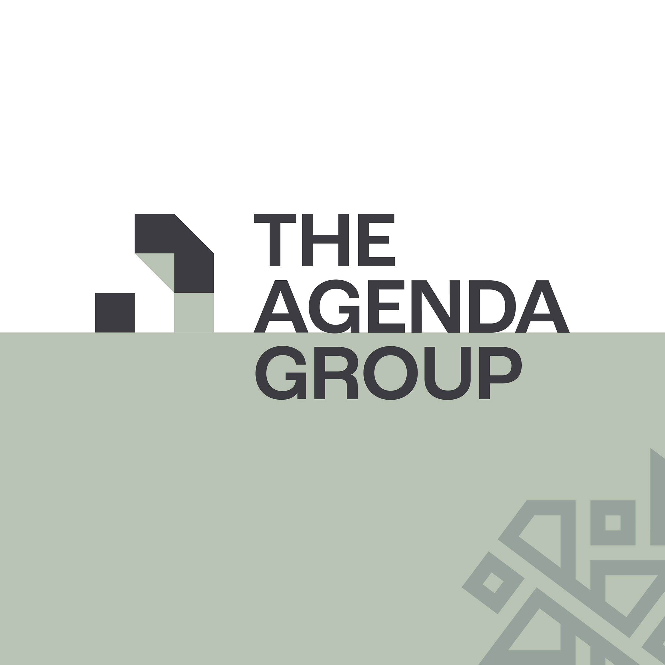 The Agenda Group logo in the centre of a square, with a white background at the top, and light muted green background at the bottom half. The brand's pattern is encroaching into the bottom right corner.