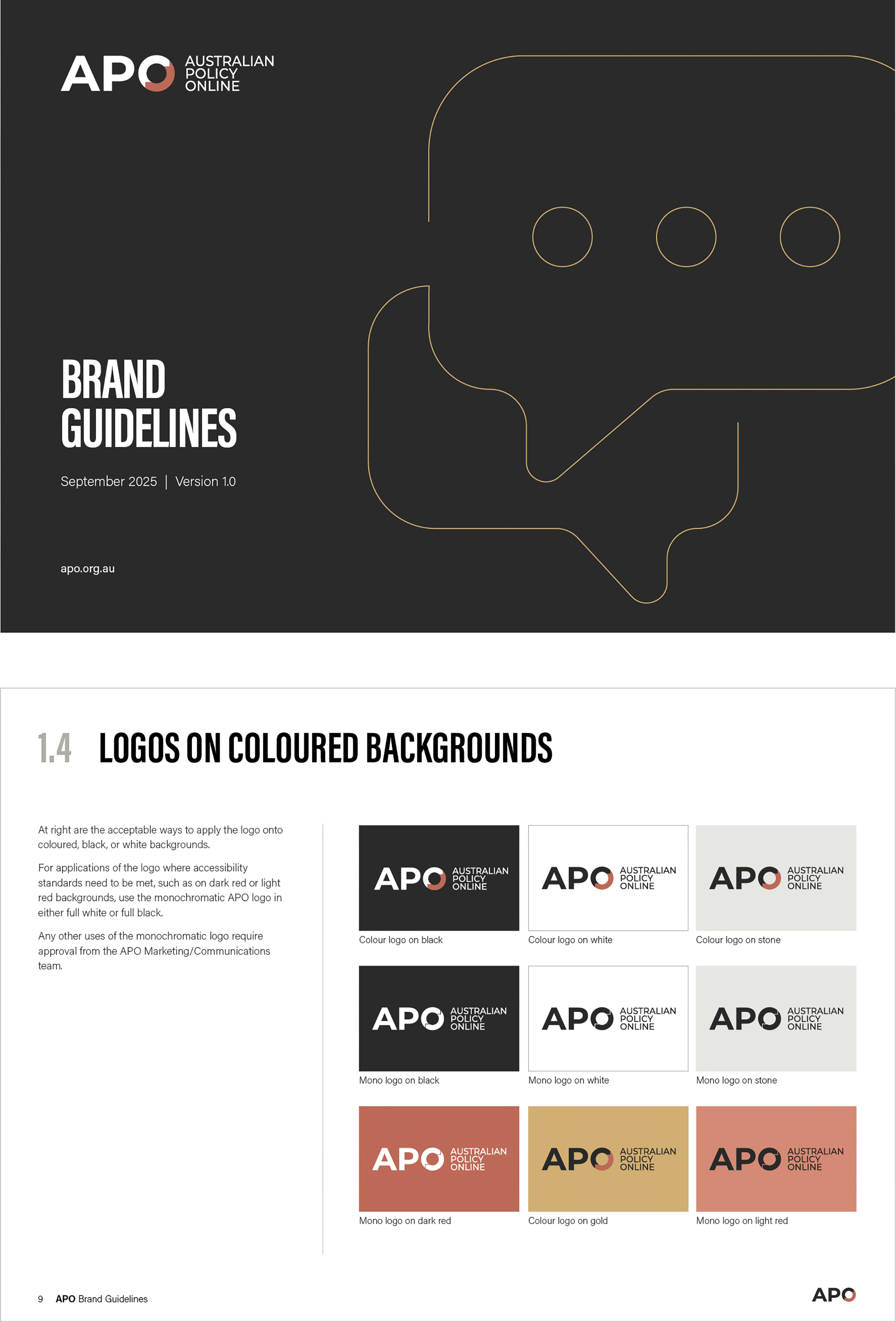 APO PowerPoint front cover in black, with brand logo executions on white page underneath.