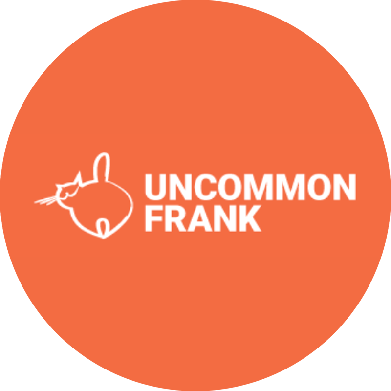 Orange circle containing Uncommon Frank logo in centre, with wordmark and iconography.