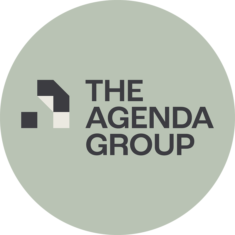 Muted green background circle containing The Agenda Group logo in centre, with wordmark and iconography.