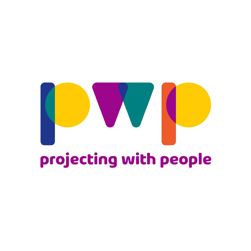 White circle containing Projecting with People logo in centre as a wordmark.