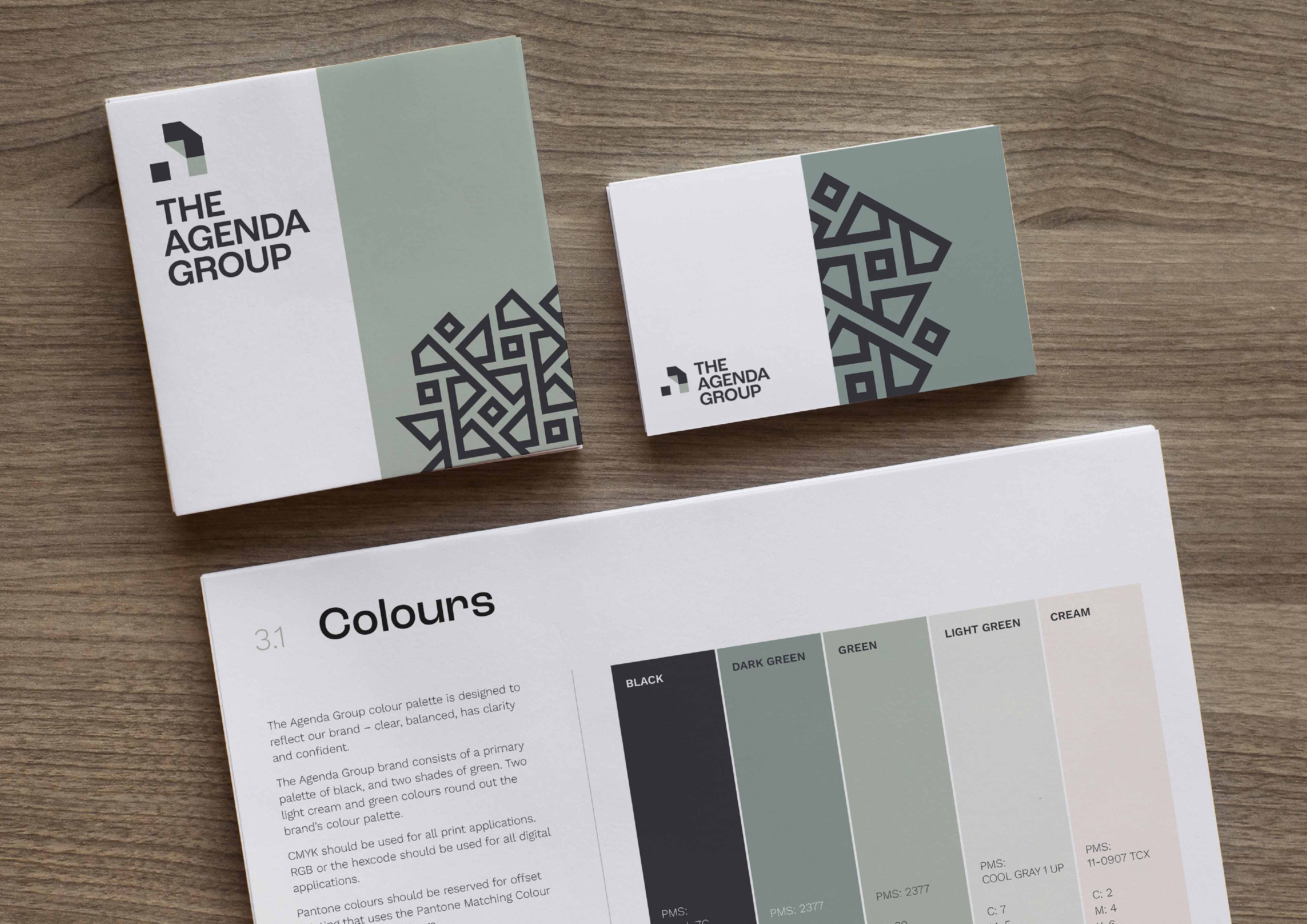 Green and Black branding on three separate brand pieces. 1. the colour page from the brand guidelines at the bottom, 2. the business cards at top right, and 3. a social media post