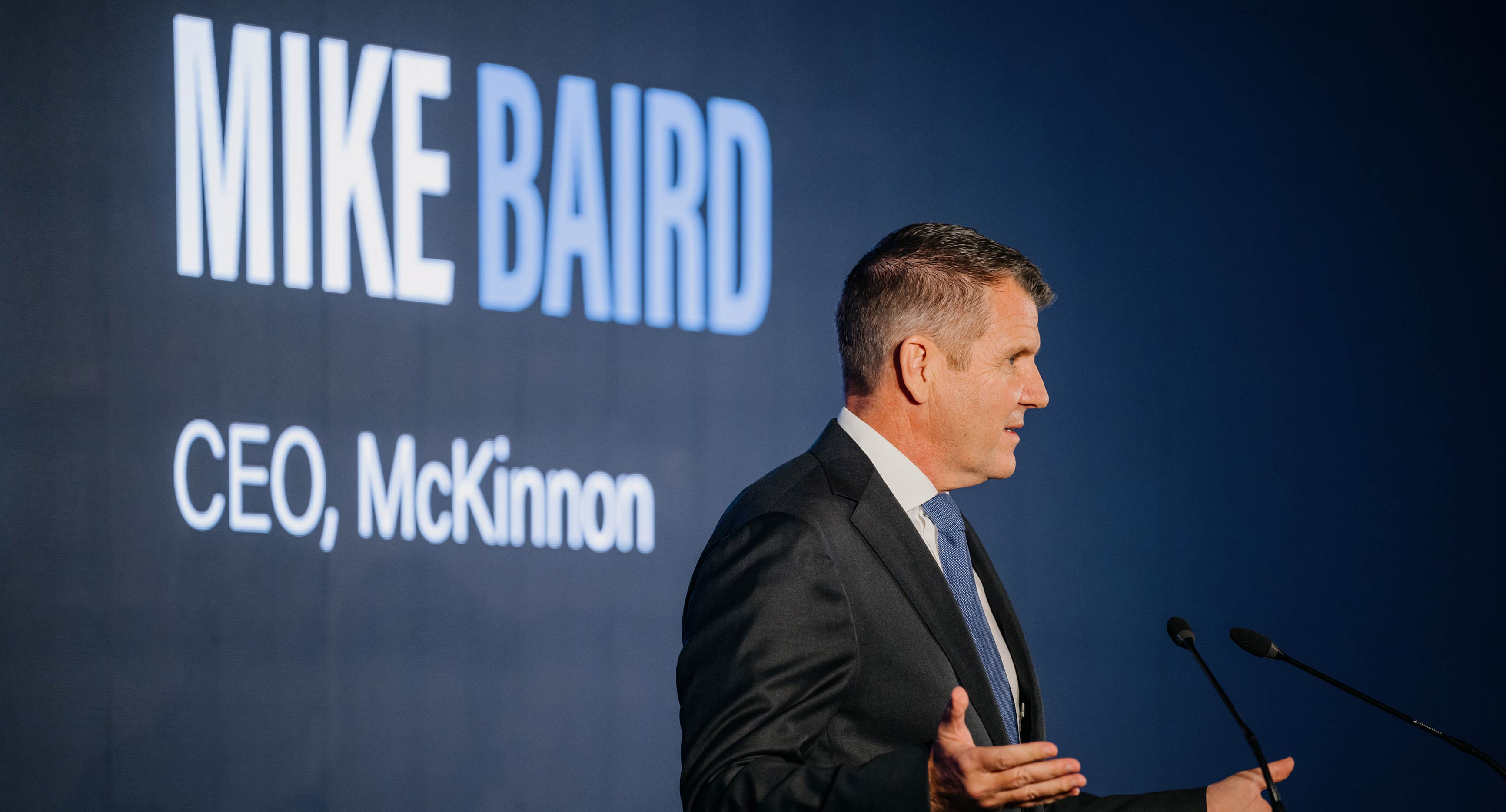 Photo from the McKinnon Prize event 2025. Mike Baird opening proceedings.