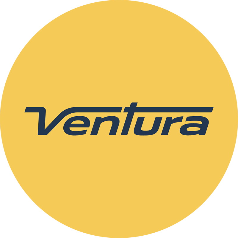 Yellow circle containing the Ventura Bus logo in centre as a wordmark.