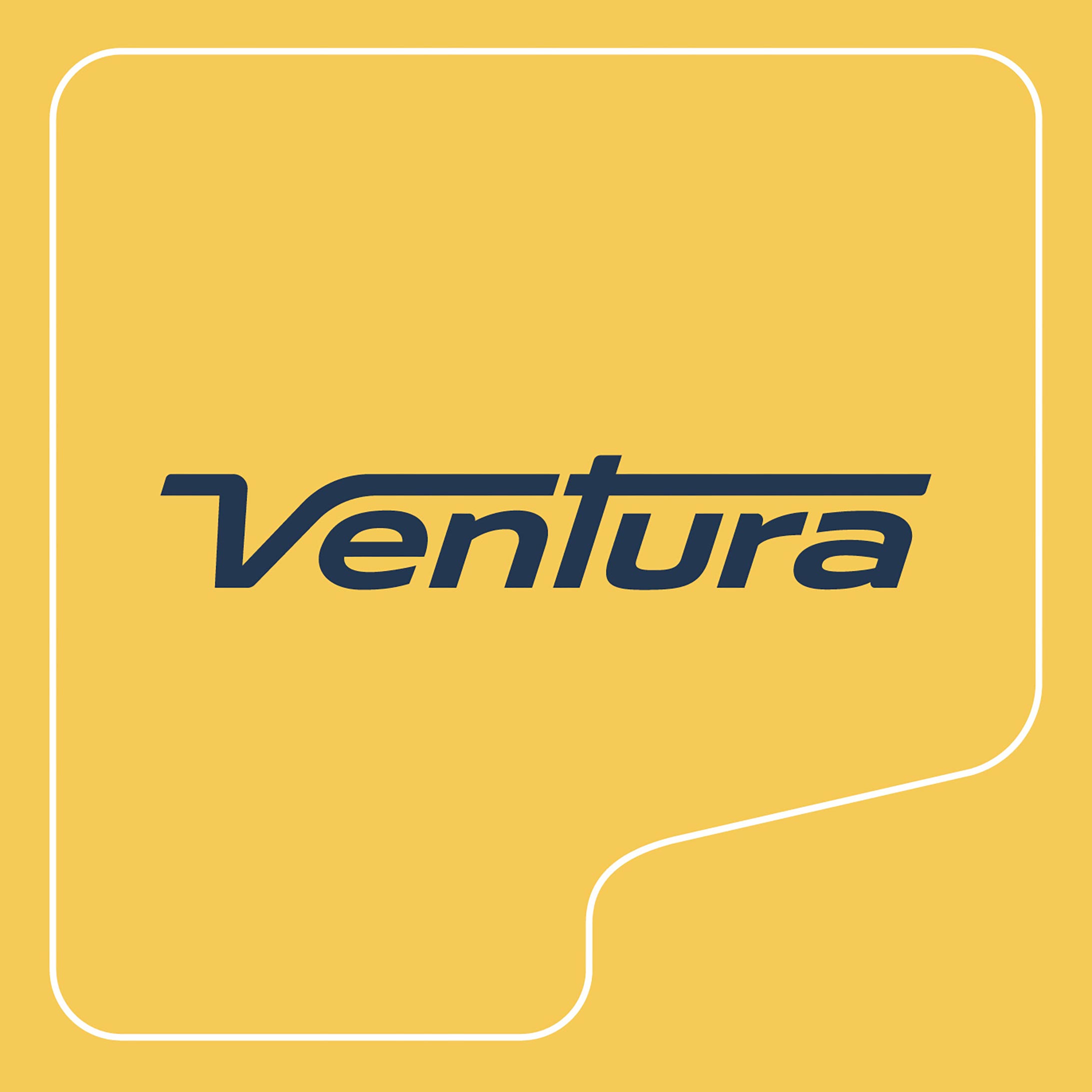 Ventura bus logo centred on yellow branded background, with white keyline outlining the aerial bus route.