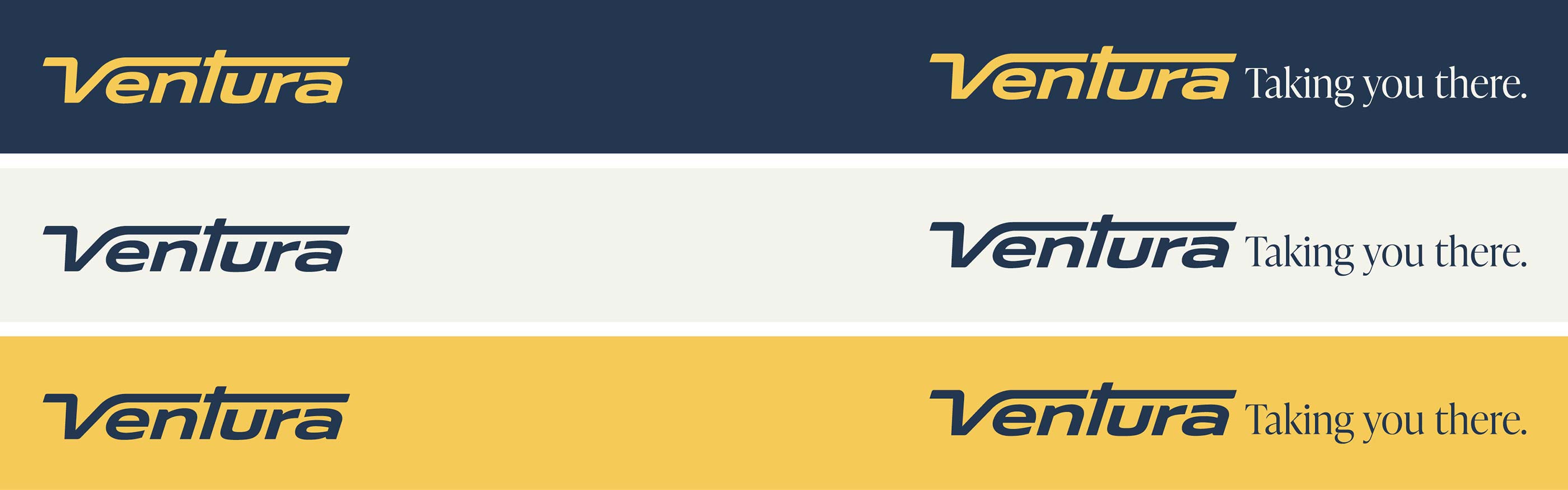 Ventura logo and Ventura logo with tagline on navy, frost and yellow backgrounds.