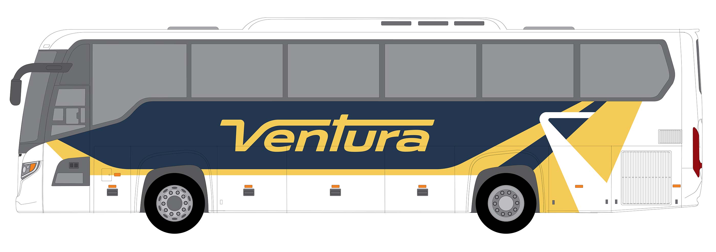 Ventura bus livery with yellow and navy graphics and logo on the side of a charter bus.