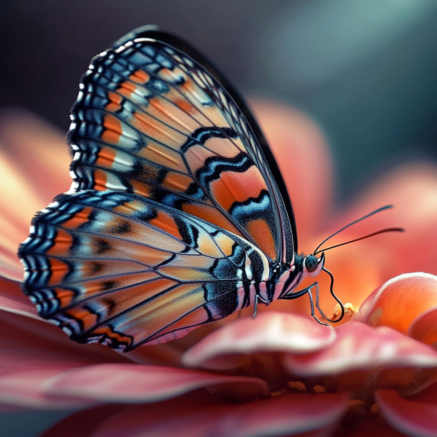 Orange, black and white butterfly sitting on orange petals.