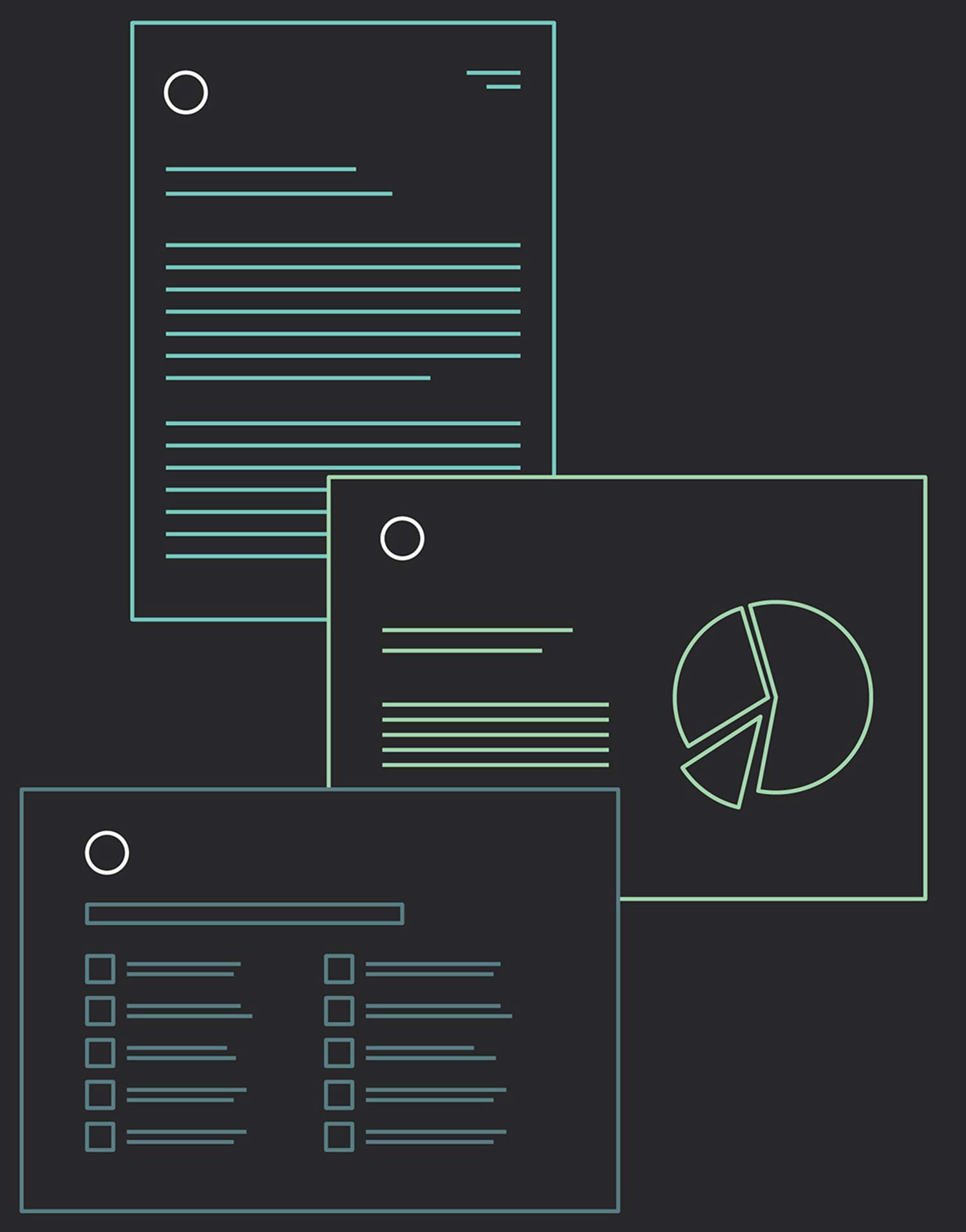 Line drawing of illustration of documents, both portrait and landscape.