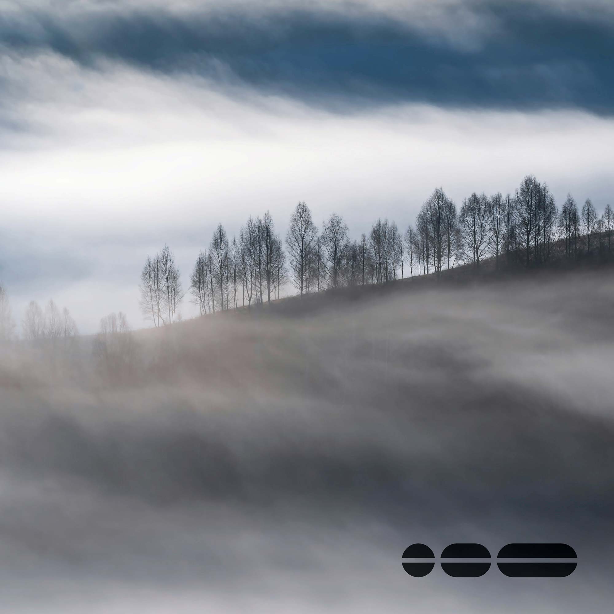 Tree lined hill with low white clouds on either side of the hill.