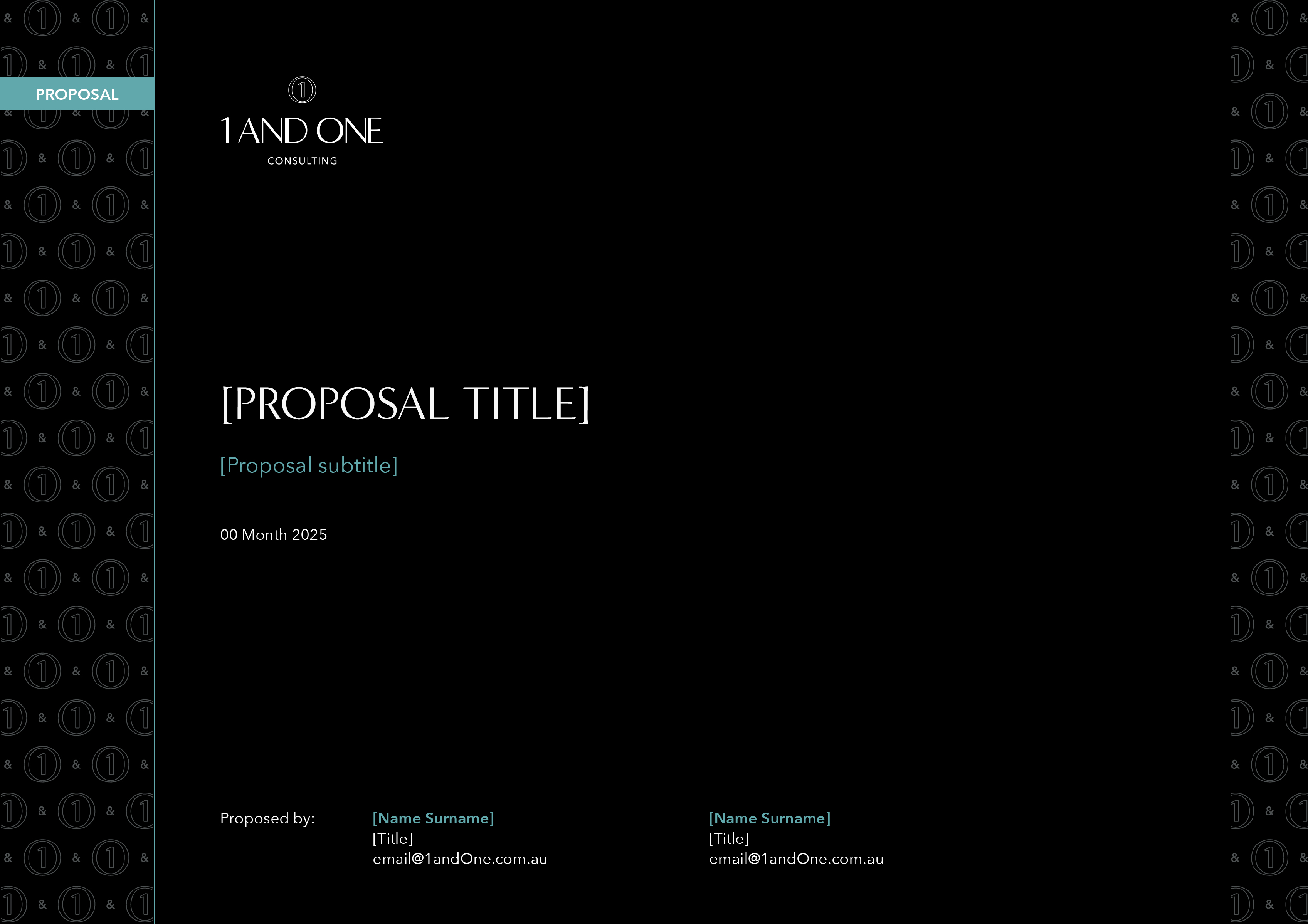 1 and One Consulting - cover page from A4 PowerPoint proposal with black and teal branding