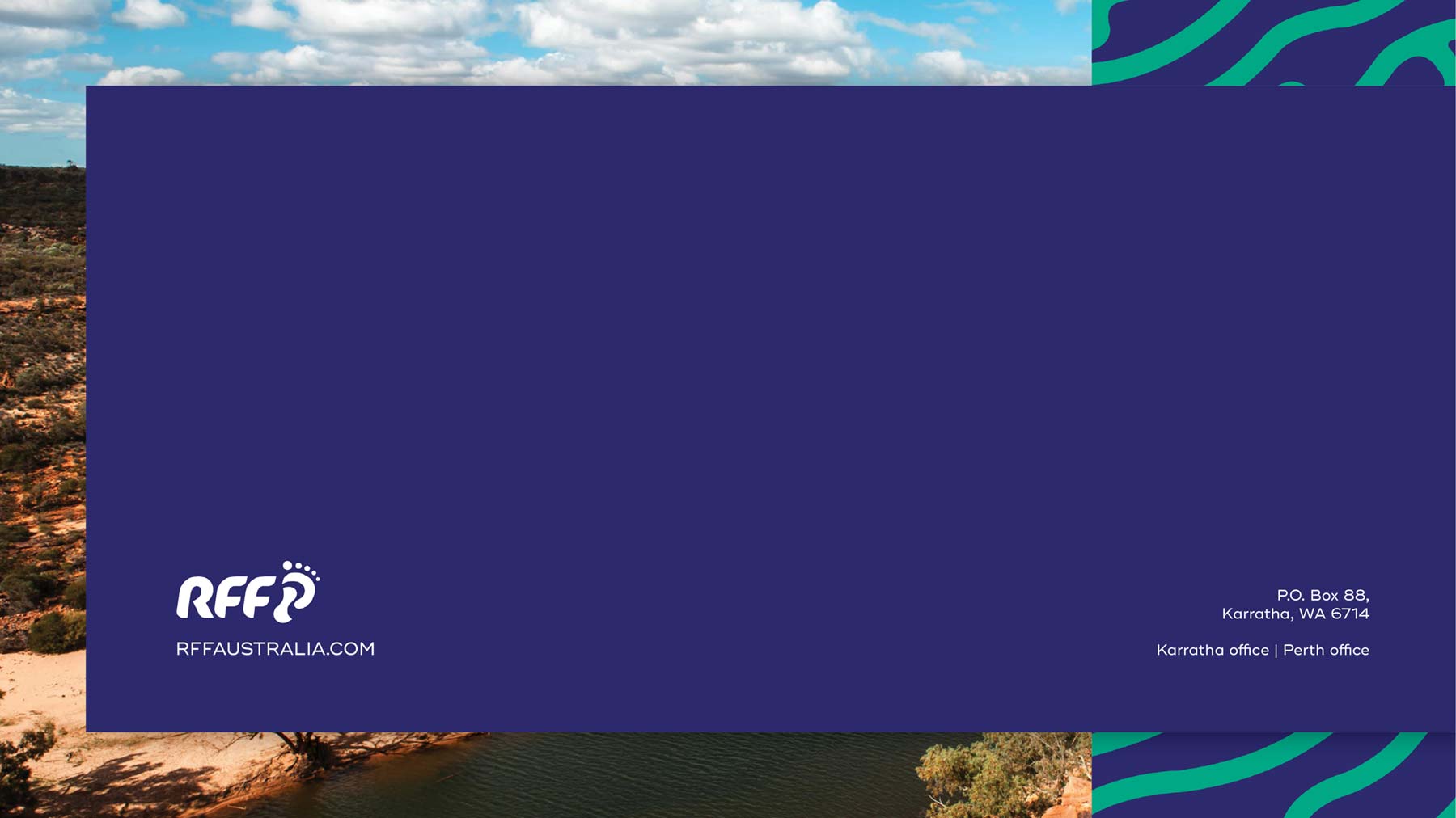 RFF PowerPoint widescreen presentation with green and navy - back page with logo and address