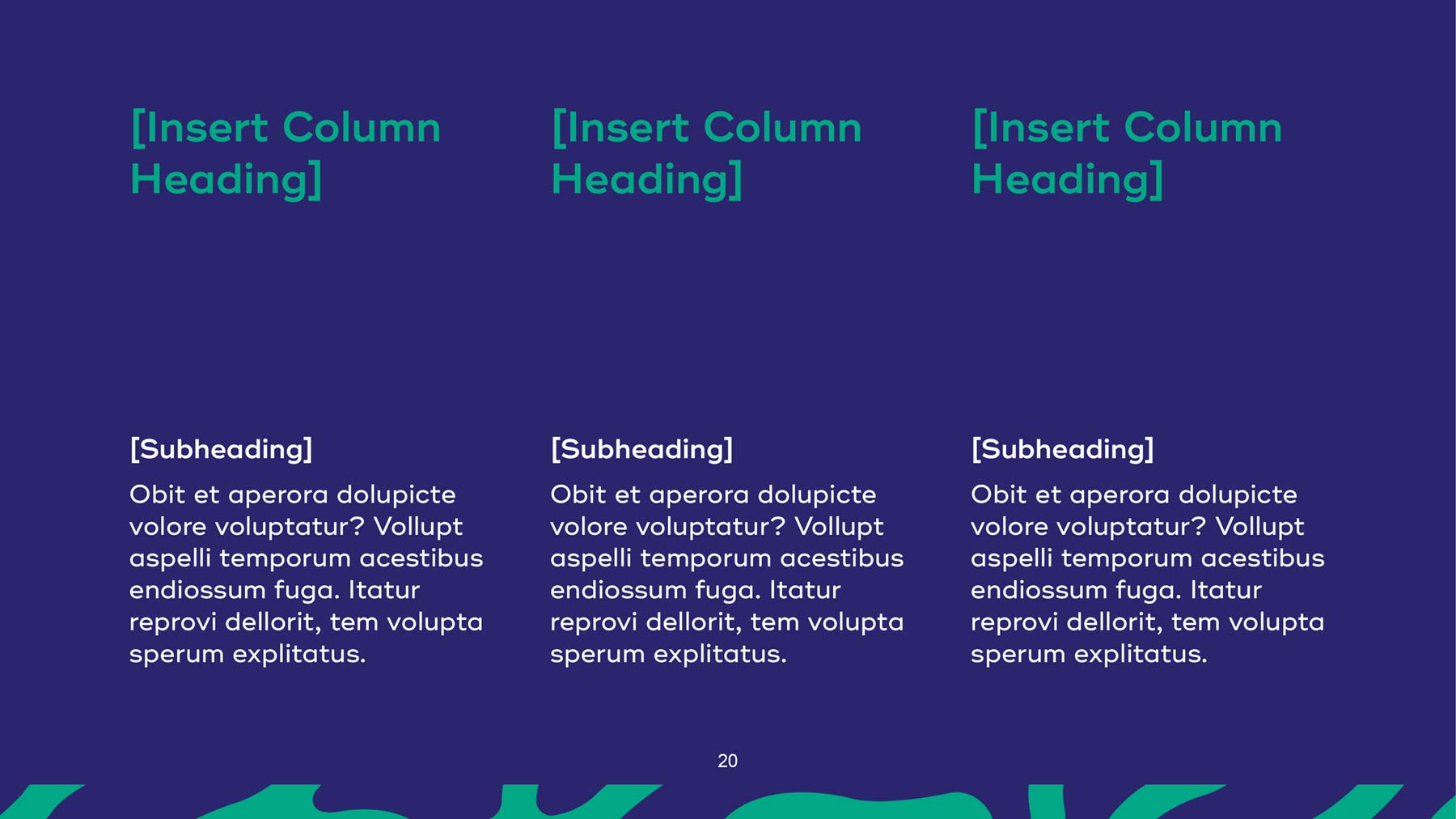 RFF PowerPoint widescreen presentation with green and navy - 3 column heading and text page