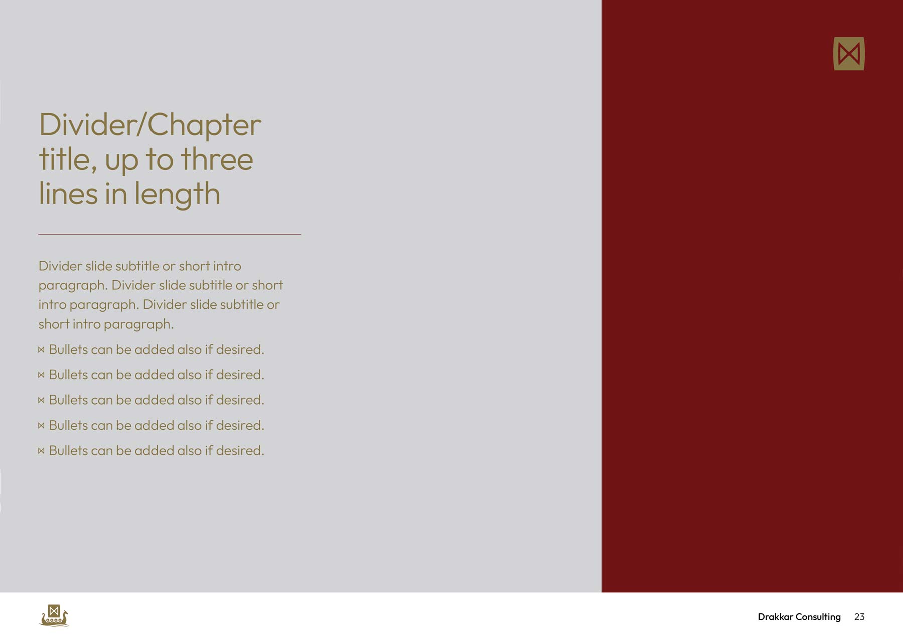 Drakkar A4 landscape PowerPoint document - burgundy and gold divider page