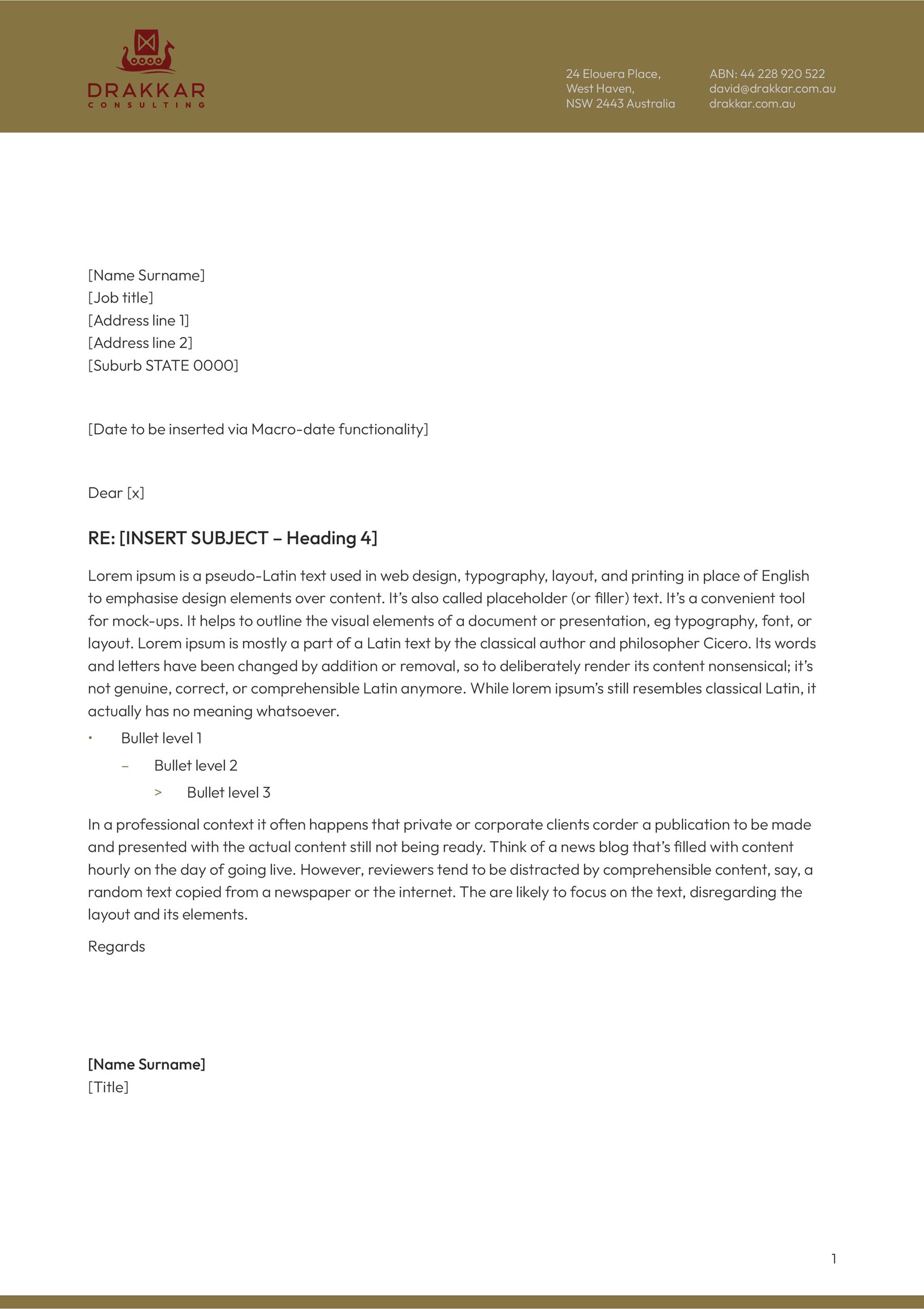 Drakkar A4 portrait Word document - letterhead with gold header and footer